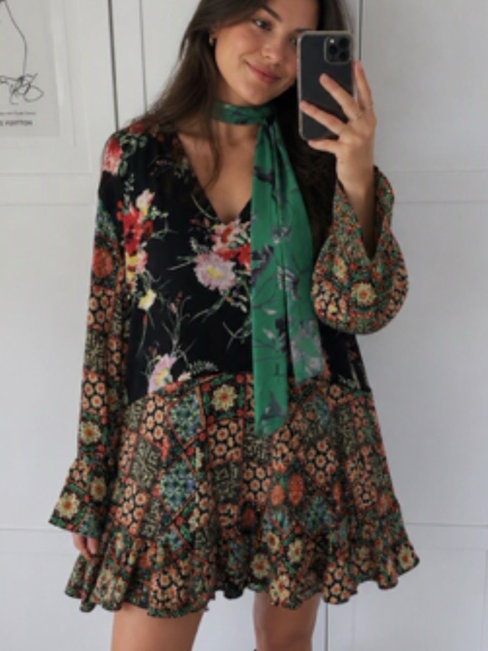Buffalo David Bitton Black Floral Patchwork Mini Dress with Green Scarf Tie